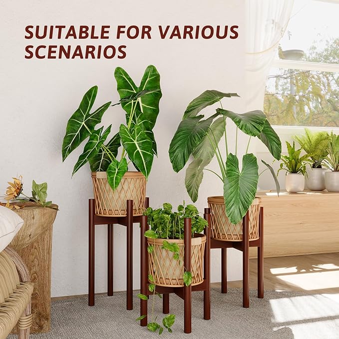 GENTINGBRO Adjustable Plant Stand Indoor, Bamboo Plant Holder 8 to 12 Inches, 3 Pack Single Floor Plant Stand for Living Room Balcony Bedroom, Reddish Brown