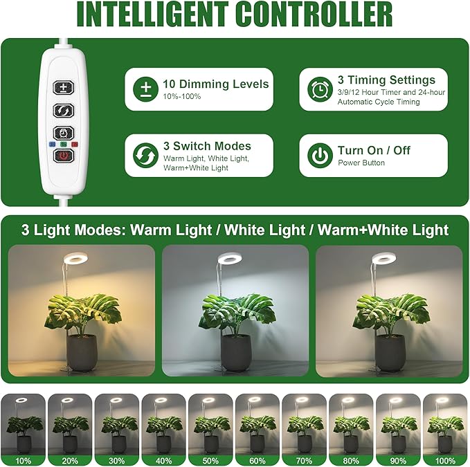 3.54" White Grow Light, Full Spectrum Plant Lights for Indoor Growing with 3/9/12H Timer, 3 Color Modes, 10 Brightness, 6.6"-24.8" Height Adjustable, Small Halo Grow Light with Base, 2 Pack