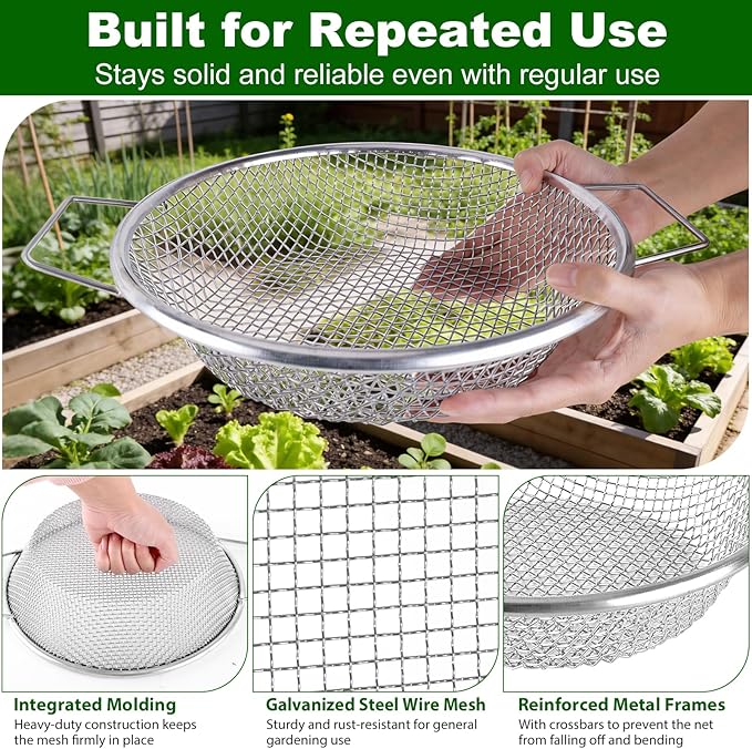 cyrico Soil Sifter for Gardening, 3Pcs Rock Sifter for 5 Gallon Bucket, Heavy Duty Garden Sieve with Handles, 1/4, 1/8, 3/8 Inch Mesh Sifting Screen Pan Tray for Compost, Dirt, Sand, Gravel, Sawdust