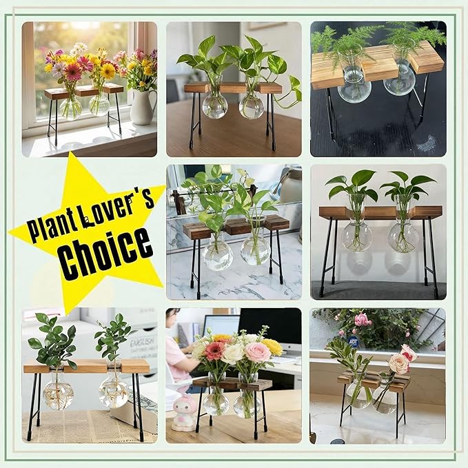 Hydroponic Plant Stand with Glass Vase, Modern Industrial Wooden Base Metal Frame, Visible Root Growth, Nordic Minimalist Desktop Planter for Home Office, Great Gift for Plant Lovers