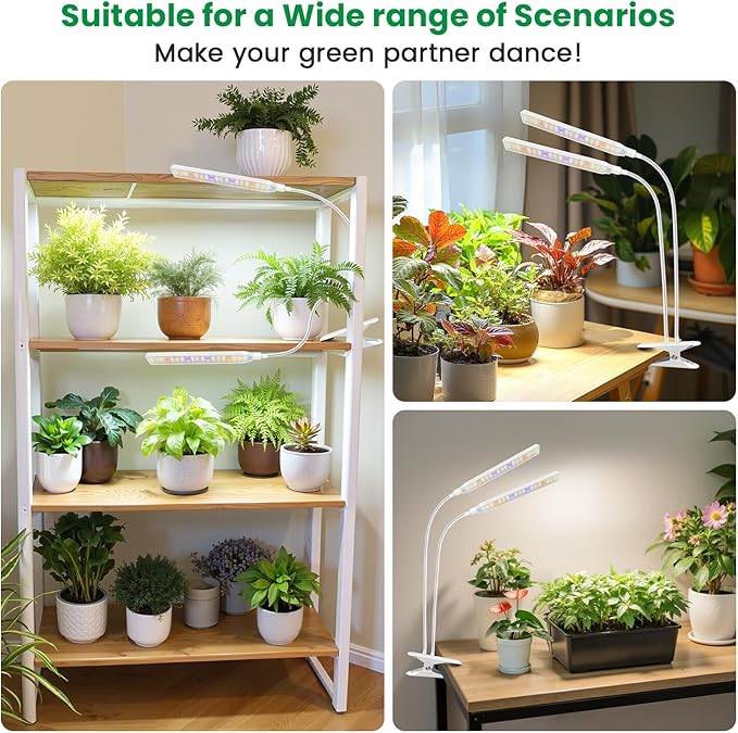 Aumtrly Grow Light Clip on 2 Pack, 228 LED Grow Lights for Indoor Plants Full Spectrum, 2 Head White Arm Grow Lamp with Gooseneck, 6/12/16H Timer, 5 Dimming, 3 Light Mode