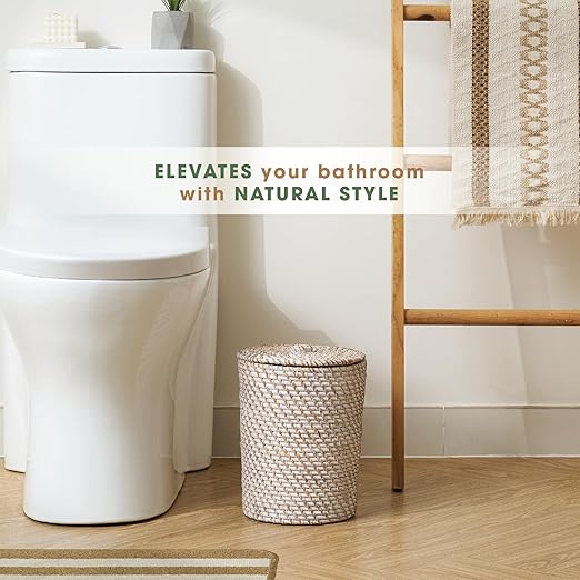 84ECO White Wicker Trash Can with Lid and Liner - Rattan Trash Can