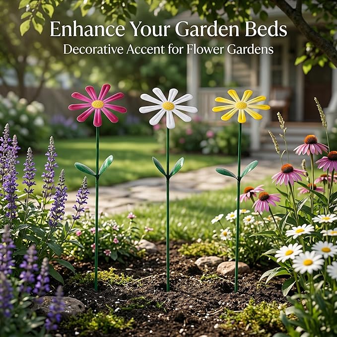 Topadorn Flower Garden Stake Decor, Outdoor Plant Pick Water Proof Metal Sunflower Daisy Stick for Lawn Yard Patio, Pathway Ornament, Set of 3