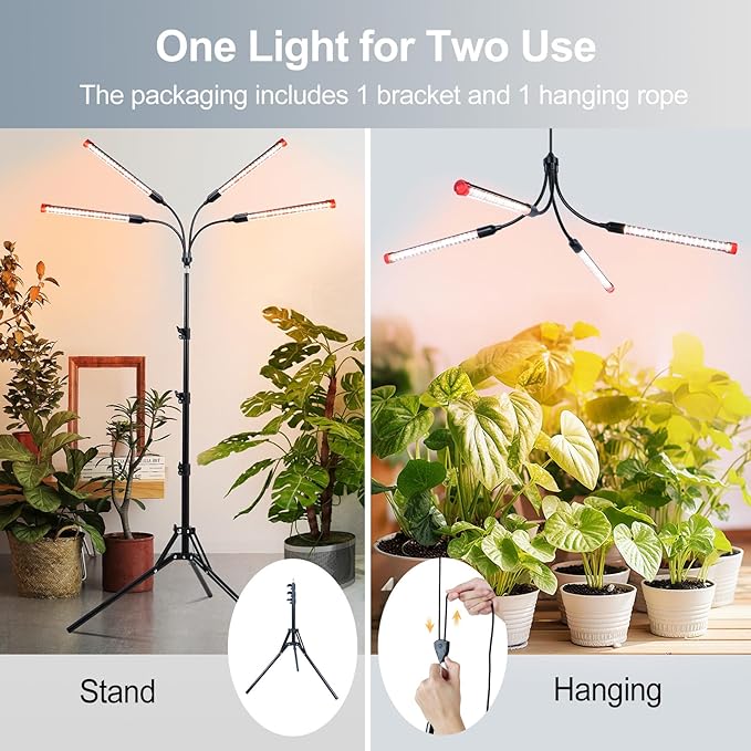 FECiDA Gamechanger! 36 Watt Power Draw, NO Need Adapter, 4Head Grow Light with Tripod Stand, 2026 Big Coverage LED Grow Lights for Indoor Tall Plants, Bonsai Tree, 4/8/12/16/20H Timer