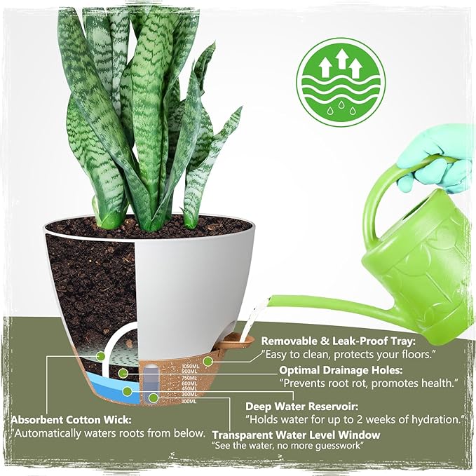 Self-Watering Pots for Indoor Plants 4 Pack, 6/8/10/12 Inch Outdoor Planters with Water Level Indicator & Deep Reservoir, Decorative Flower Pots for Home Decor (White, 12+10+8+6 Inch)