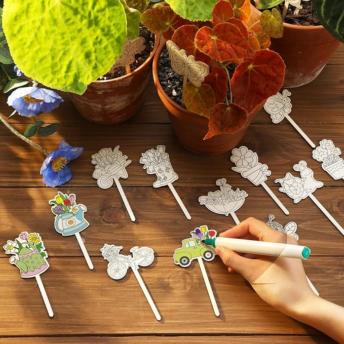 DoubleFill 15 Pcs Wooden Spring Plant Stakes Crafts Color Your Own Spring Sticks for Plant DIY Craft Kits Unfinished Wood Cutouts Butterfly Watering Can Snail Flower Shape for Gardener Gardening Gifts