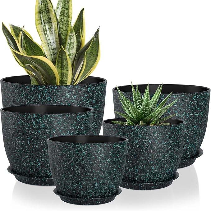YNNICO Plant Pots 10/9/8/7.5/7 inch Set of 5,Flower Pots with Multi Mesh Drainage Holes, Large Planters for Indoor Outdoor Garden Plants and Flowers. (Green Speckles)