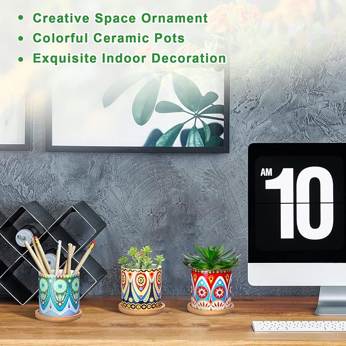 Zopeal 12 Pcs Mandala Ceramic Succulent Pots with Bamboo Trays, Colorful Boho Spring Decor Planters, Small Cactus Plant Pots for Desk Shelf Windowsill, Fiesta Home Decor