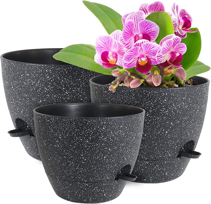 WSMKSZ 12/10/9 inch Large Self Watering Pots, Planter, Plant Pots with Mesh Drainage Holes for Indoor Outdoor Garden Plants, Plastic Flower Pots with Removable Deep Reservoir, Speckled Black