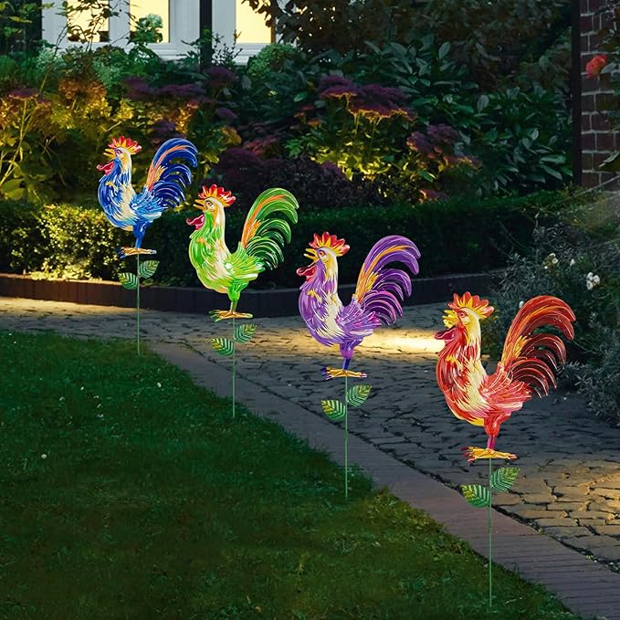 Metal Garden Stakes Outdoor Decor, 18 inch Garden Yard Art, Weather Proof Rooster Stakes for Yard Lawn Porch Pathway Patio Plant Pot Decorations, 4 Pack (Rooster-a-Head)