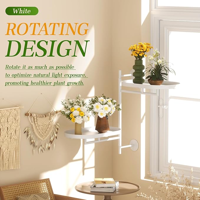 YQSLYSF Window Rotating Plant Stand Shelf Indoor White Metal Floating Shelves 2-Tier Wall Mount Plant hanger Holders for Wall Planter Modern Home Decor window sill gifts