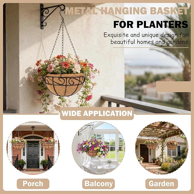 Metal Hanging Planters Basket Set of 4 Outdoor with Coco Fiber Liners Chain Hanging Basket Suitable for Vegetables Flower Heavy Duty Round Plant Holder Garden Balcony Patio Deck Porch Decor