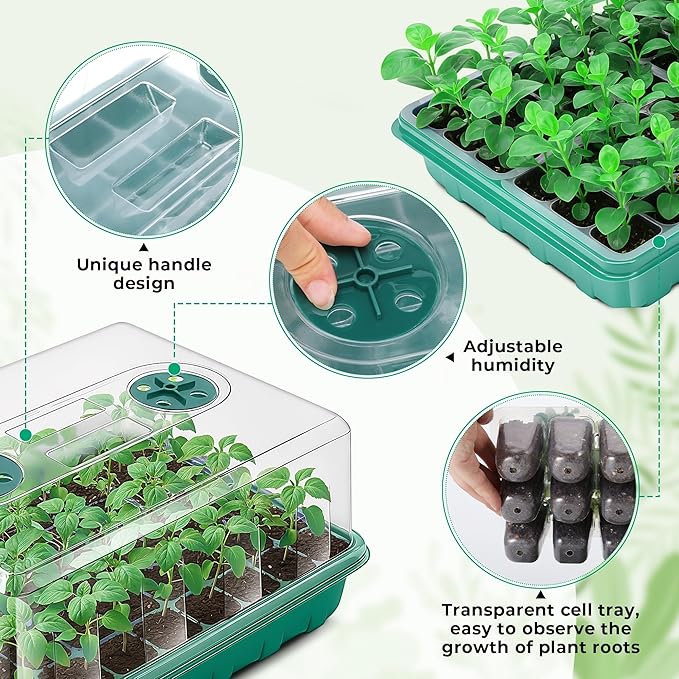 Hanaoyo 192 Cells Seed Starter Tray, 4 Packs Seed Starter Kit with Humidity Vented Domes and High Lid, Germination Kit for Indoor Greenhouse Seed Starter