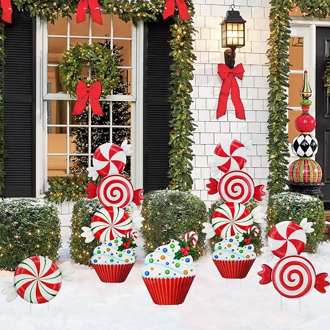 3 Pack Metal Christmas Yard Signs Decor for Multiple Stacked,Voumsil Christmas Yard Stakes with Candy Fall Yard Decor for Outside Garden Yard Lawn Porch