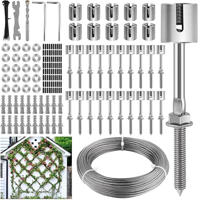 150FT Garden Wire Trellis for Climbing Plants, Kalolary T316 Stainless Steel Garden Trellis for Outdoor Wall-Mounted Heavy Duty Cable Wall Trellis Kit for Plants Vines Wall Decoration