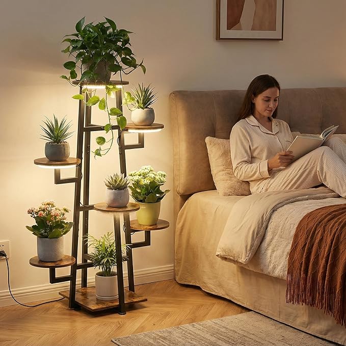 7 Tier Plant Stand Indoor with Grow Light , Tiered Plant Stands for Indoor Plants Multiple, Corner Flower Stand for Living Room, Multi-Layer Vintage Design Plant Shelf