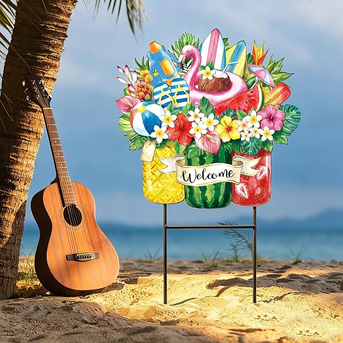 Amyhill Summer Tropical Outdoor Decor Garden Stakes Metal 25 Inch Hawaiian Luau Welcome Yard Signs Decorations Outdoor Tropical Decorative Garden Stakes Patio Lawn Walkway Backyard Porch Decorations