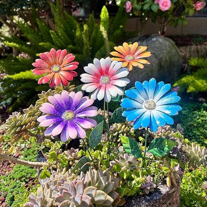 5Pack Metal Flowers for Outside，16.5 Inch Metal Flowers Decorative Garden Stakes for Spring Decor, Shaking Head Yard Art Garden Decorations for Outdoor Lawn Porch Pathway