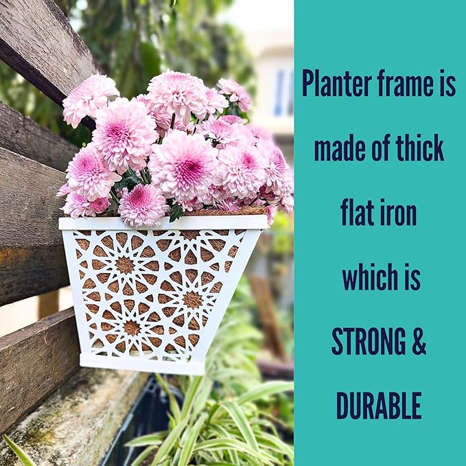 LaLaGreen Window Boxes Planters for Outdoor Plants (2 Pack, 12 Inch) White Metal Small and Cute Fence Rectangular Hanging Planters Flower Box with Coco Liner, Horse Troughs Balcony Deck Railing Porch