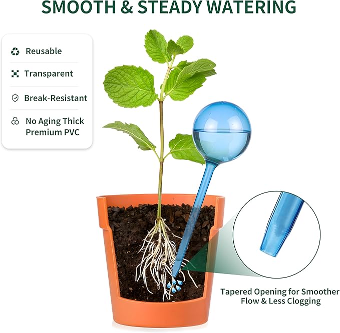 Soilagua 12-Pack Plastic Plant Watering Globes, Premium PVC Shatter-Resistant Plant Waterer, Self Watering Planter Insert with Tapered Opening, Automatic Watering Spikes for Daily & Vacation