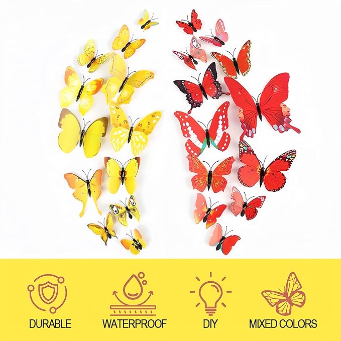 3D Butterfly Stakes,20PCS Butterfly Garden Stake Decor for Flower Bouquet Outdoor Indoor Yard Art Patio Plant Pot Flower Bed Home Décor,Butterfly Plant Stakes with Bendable Stick(Yellow&Red)