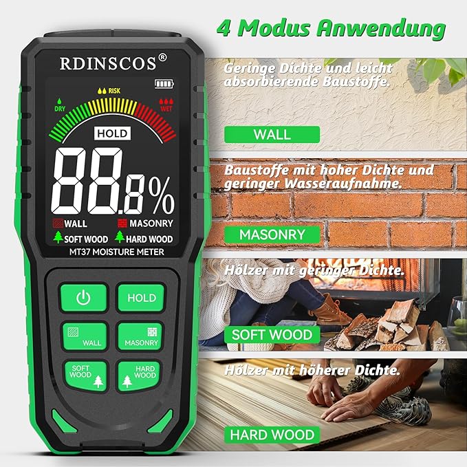 RDINSCOS Pinless Moisture Meter for Wall Rechargeable Damp Meter with Color Display and Audible Alarm,Non-Destructive Moisture Detector for Wall,Masonry,Wood,Building Material