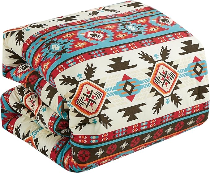 Chezmoi Collection Tona 3-Piece Southwestern Geometric Motif Comforter Set - Multicolor Red Brown Blue Cream Printed Washed Microfiber Bedding, Full