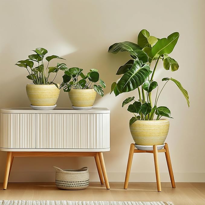 Ceramic Planter 10 Inch - Ceramic Pots for Plants Indoor Outdoor, Modern Plant Pots with Drainage Hole and Saucer, Round Decorative Planter, Bedroom Decor, Gardening Gifts, Textured Yellow