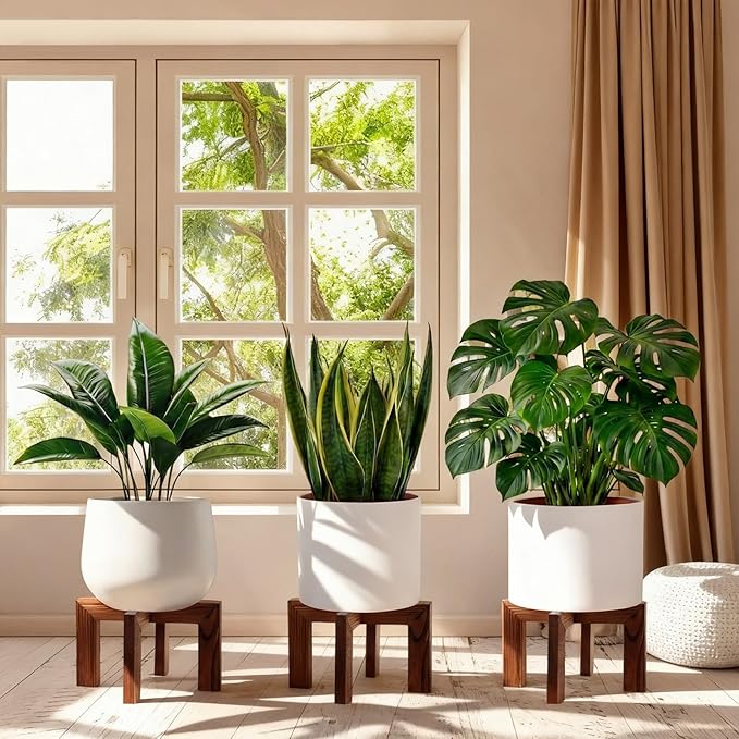 Tandefio 5 Pack Wood Plant Stand Indoor Outdoor Plant Holder Modern Sturdy Flower Pot Stands Flower Planter Wooden Stool, Fit 5-18 Inch Variety Pot, Easily Assemble, Retro Brown(11.8 x 6.7 Inches)