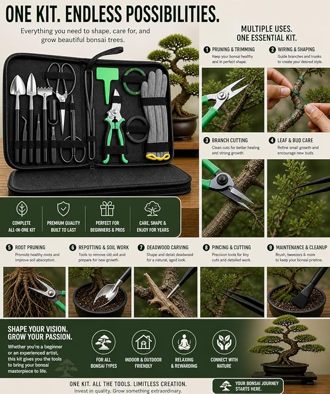 Bonsai Tools Kit - Bonsai Tree Tools Set with 24 Accessories, Bonsai Wire, Pruning and Trimming Tools for Beginners and Adults, Complete Bonsai Care and Starter Kit