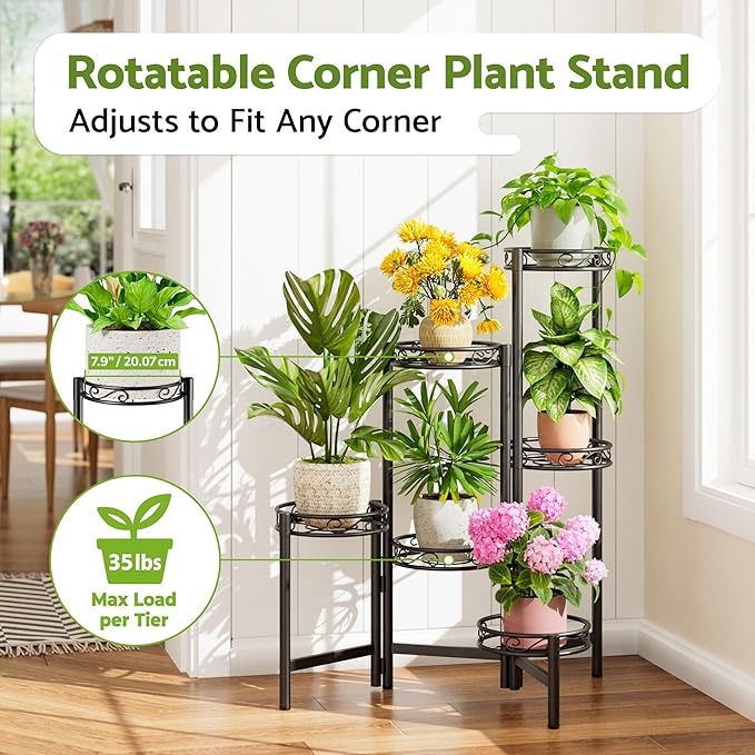 Plant Stand Outdoor Metal 6 Tier for Multiple Plants Corner Balcony Living Room Tall Indoor Plant Shelf Black Circle