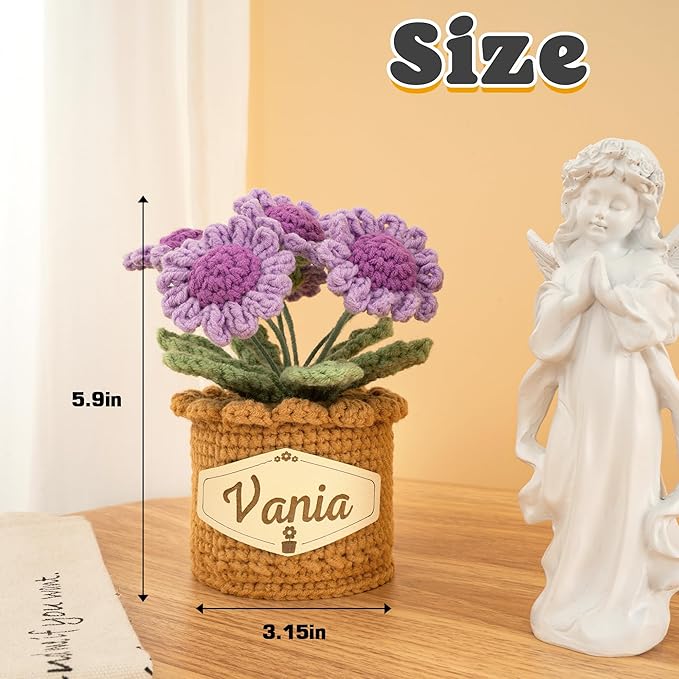 Crochet Flowers with Personalized Leather Name Tag Handmade Knitted Flowers for Home Office Desk Decor Crochet Daisy Potted Plant Crochet Gift for Women,Mom,Teacher, Friend, Birthday(Purple)