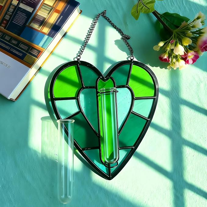 QLCBELOVE Stained Glass Plant Propagation Station, Handmade Suncatchers Window Hanging Decor, Hanging Hydroponic Planter Terrarium with 2 Glass Tubes for Home & Garden Decor, Green, Indoor Outdoor