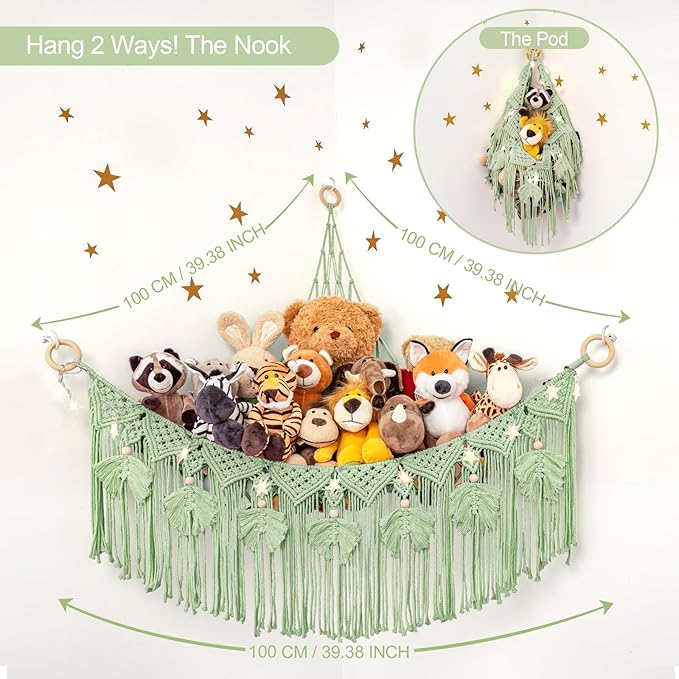 ANROYE Macrame Stuffed Animal Storage with Star Light, Bear Green Hammock for Girls Room Decor, Corner Hanging Mesh Organizer Idea for Nursery, Plushies Toy Wall Hanging Display Holder Kid Boy Gift