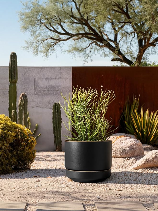 LE TAUCI 14 Inch Large Plant Pot with Saucer, Ceramic Outdoor & Indoor Big Planter with Drainage Hole, Mesh Pad Included, Matte Glazed Outside, Modern for Home and Patio, Obsidian Black & Ochre