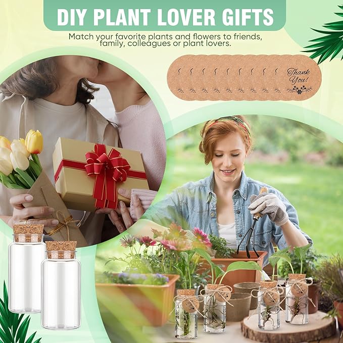 Baderke 48 Pcs 3.54'' Plastic Plant Propagation Stations with Hole Lid 4oz Planter Vase Clear Propagation Jars with Thank You Tags for Plant Lover Gifts for Women Office Home Garden