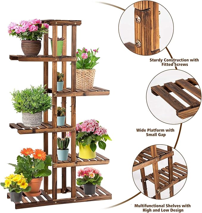 GRAFFY 6 Tier Flower Rack Wood Plant Stand, Flower Pot Holder 7 Shelves, Bonsai Display Shelf with Hollow Design, Multifunctional Storage Rack, Outdoor Indoor Flower Rack for Yard Garden Patio Balcony