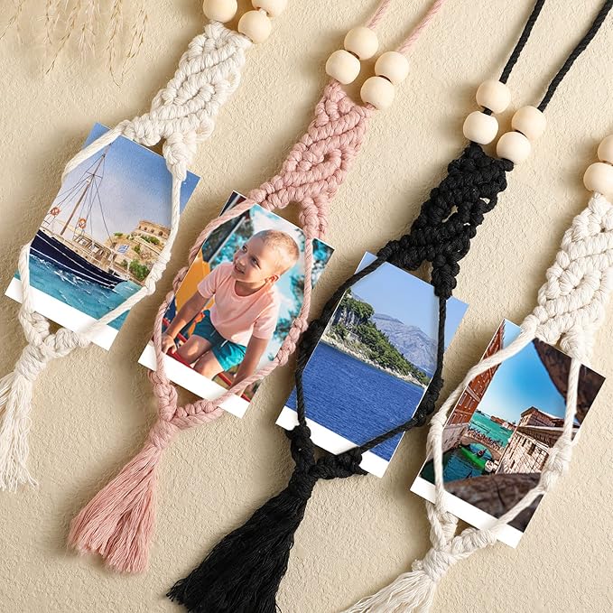 JenPen 4 Pcs Car Picture Hanger Frames Macrame Holder for Car Photo Display Bohemian Hanging Accessories Rearview Mirror Pendant Ornaments Boho Wall Decor