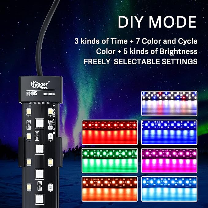 hygger 24/7 Mode Submersible Aquarium LED Light, Full Spectrum Hidden Fish Tank Light with 3 Rows Beads 7 Colors Auto On Off Sunrise-Daylight-Moonlight, Adjustable Timer Brightness