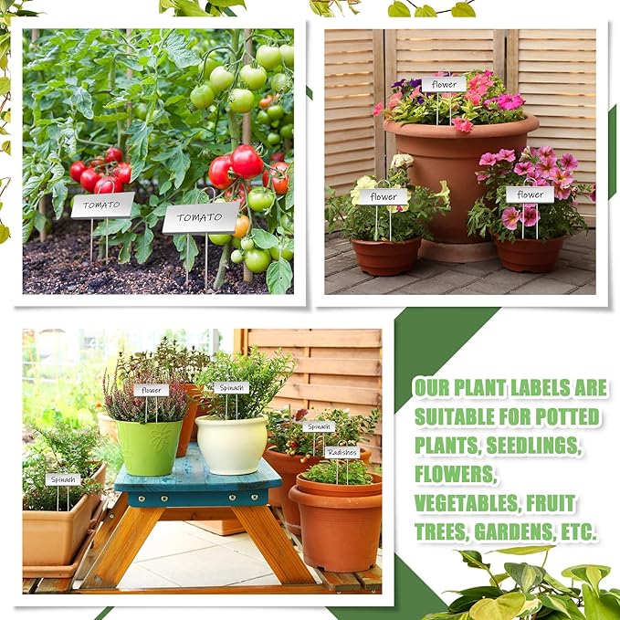 Maitys 38 Pcs Metal Plant Labels Garden Markers Outdoor Weatherproof 10.6 Inch Stainless Steel Nursery Tags Reusable Bulk with Pens for Flower Fruit Vegetable Seedling (Silver Label with Black Ink)