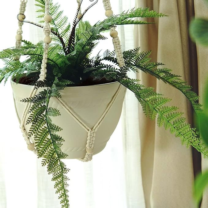 Bouqlife 43 Inches Macrame Plant Hanger Large for 14 inch Pot Extra Long No Tassel Cotton Rope Hanging Plant Holder with Ceiling Hook Bohemian Home Décor Beige 2Pack