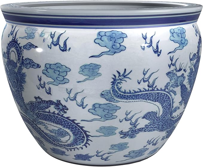 Red Lantern 18" Dragon Blue & White Porcelain Fishbowl