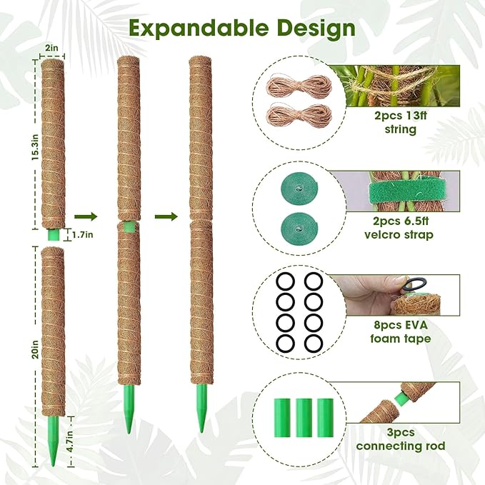 4 Pack 20 Inch Moss Poles, Stackable Moss Pole Monstera Plant Support, 66 Inch Tall Plant Stakes for Climbing Plants Indoor, Coir Plant Support Stick Stand for Potted Plants, Pothos, Philodendron