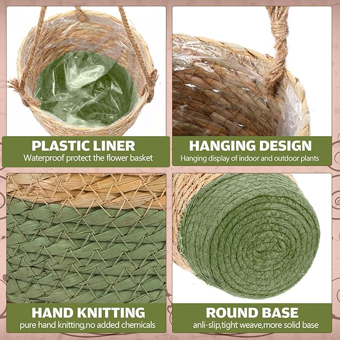 6 Pcs Seagrass Hanging Planter Basket Hand Woven Plant Basket with Plastic Liners Hanging Plant Holder Storage Containers with Cotton Rope for Indoor Garden Decor (Small,Brown,Green)