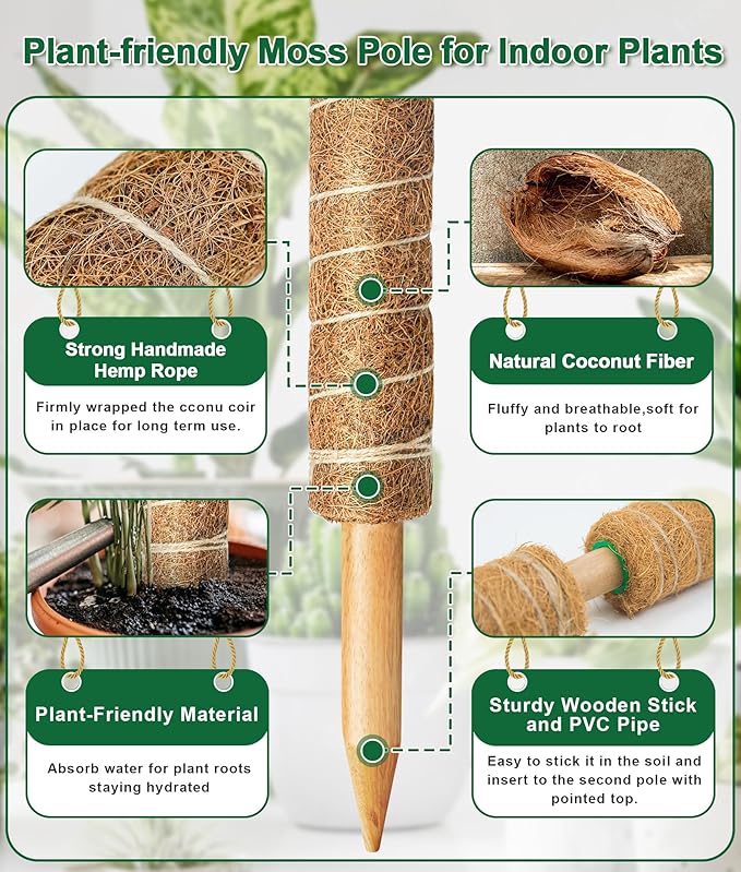 EAONE 96'' Moss Pole for Plants Indoor, 6 Pack 16” Monstera Plant Support Moss Stick for Climbing Plants, Stackable Coir Totem Pole Monstera Stakes with 12 Plant Labels & 100 Ties for Potted Plants