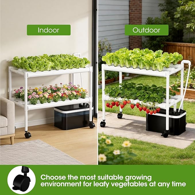 Hydroponics Growing System Kit with Wheels, 54 Plant Sites Gardening Aquaponics Tower, 2-Tier Food-Grade PVC-U Pipes Water Pump Timer for Leafy Vegetables, Indoor, Outdoor (33"x35"x14" in 54 Holes)