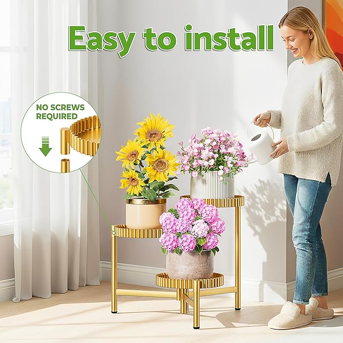 Stand Plants, 3 Tier Metal Corner Plant Stands for Outdoor Indoor, Heavy Duty Flower Pot Stands for Multiple Plants, Decoration Floding Tall Display Racks for Patio Garden -GoldFloroma