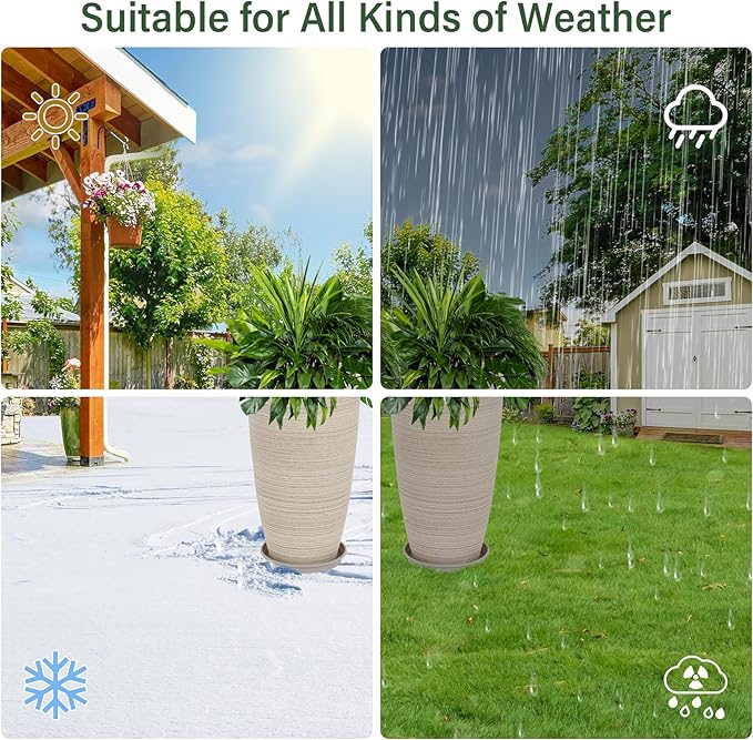 Neoaider Set of 2 Tall Planter, 21 inch Large Plastic Planter with Drain Hole & Saucers, Large Outdoor Planters for Porch, Garden, Patio, Balcony(Oat Color)