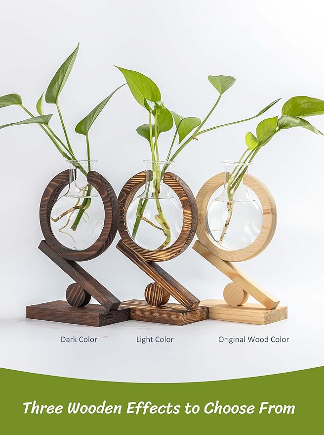 Glass Plant Propagation Station with Wooden Stand and Air Planter Bulb Vase, Birthday Gifts for Home Office Garden Boho Desk Decor (Light Burnt Wood)