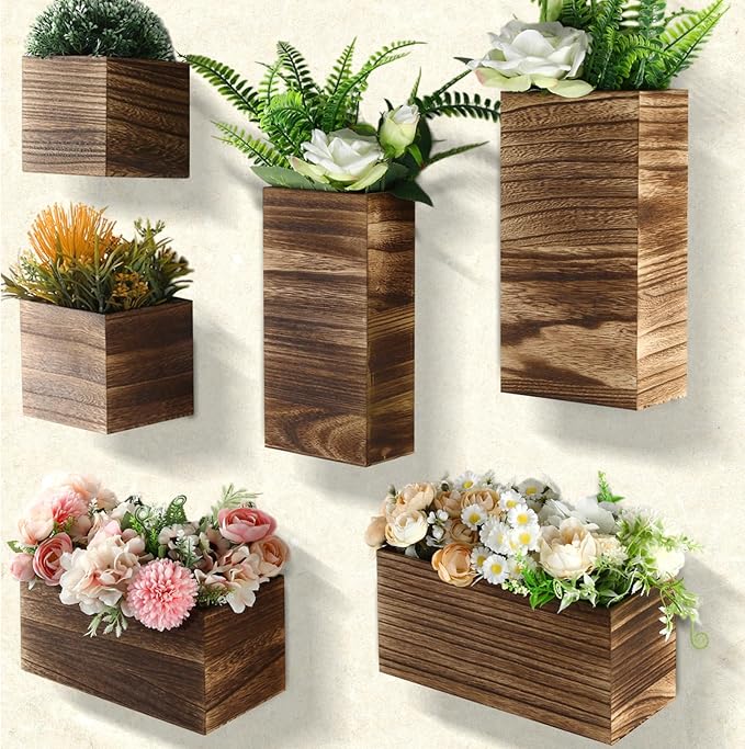 Ziliny 6 Pack Rustic Wood Wall Planters Hanging Wall Planters Pocket Vases Hanging Decor Vase for Plants Dried Flowers Faux Greenery Plants Indoor Living Room Bedroom Farmhouse Home Decor(5 Sizes)